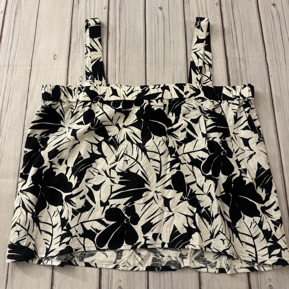 Michael Kors Linen Blend Tank‎ Top Black & White Tropical Palm Floral XL Women's